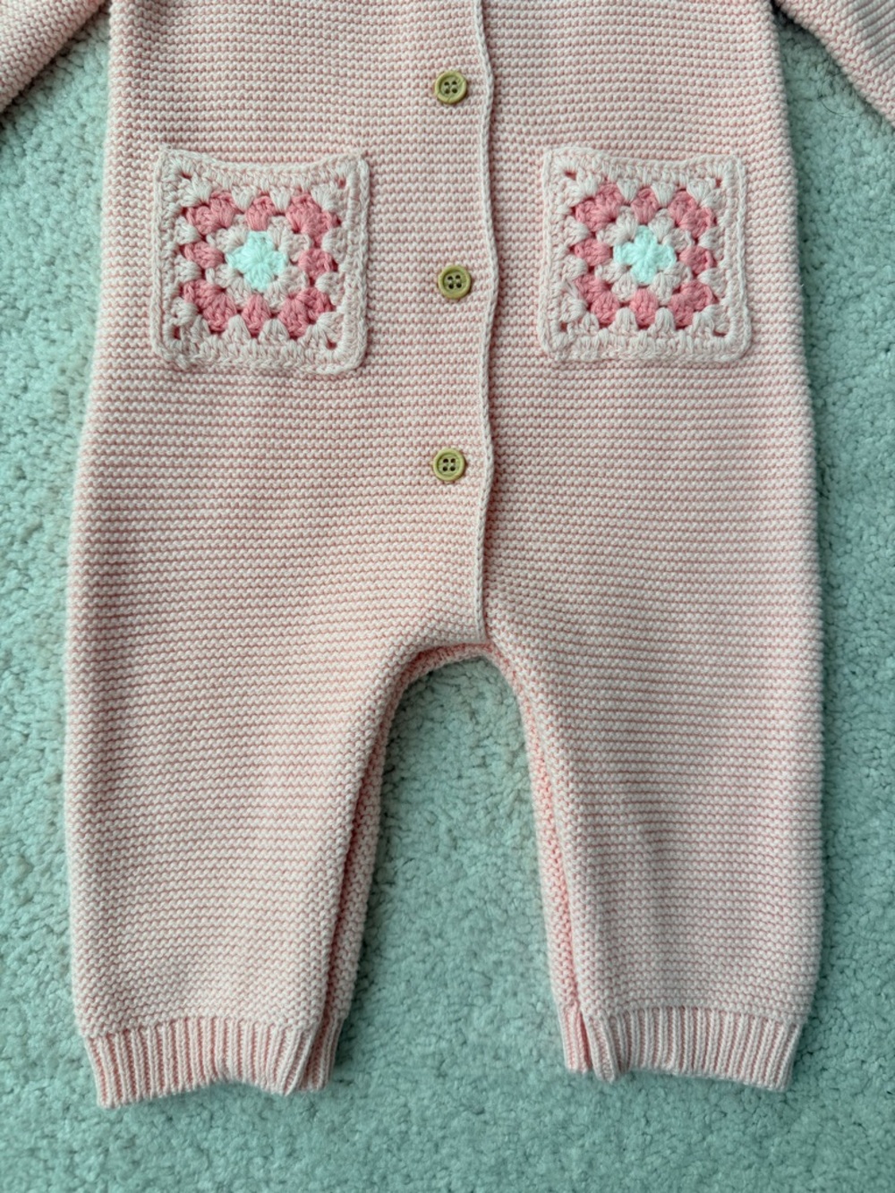 Little Me Pink Knit One-Piece with Crochet Pocket and ruffled neckline - Picture 4 of 9